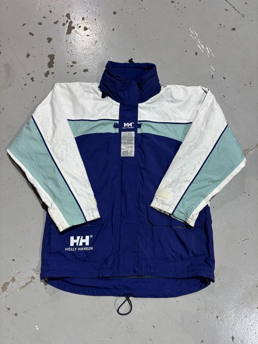Vintage Blue, White & Light Green 90s Helly Hansen Sailing Jacket - Medium