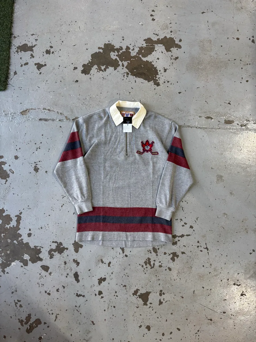 Vintage Grey & Red Avirex Hockey-Style Knit Rugby Shirt - Small