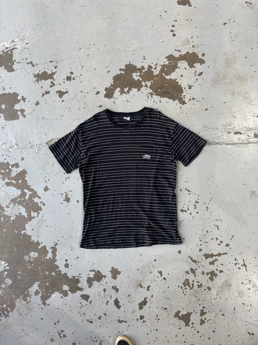 White & Black Striped Stüssy T-Shirt - Extra Large