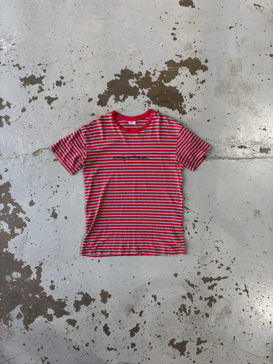 Red Striped Stüssy Worldwide Embroidered T-Shirt - Small