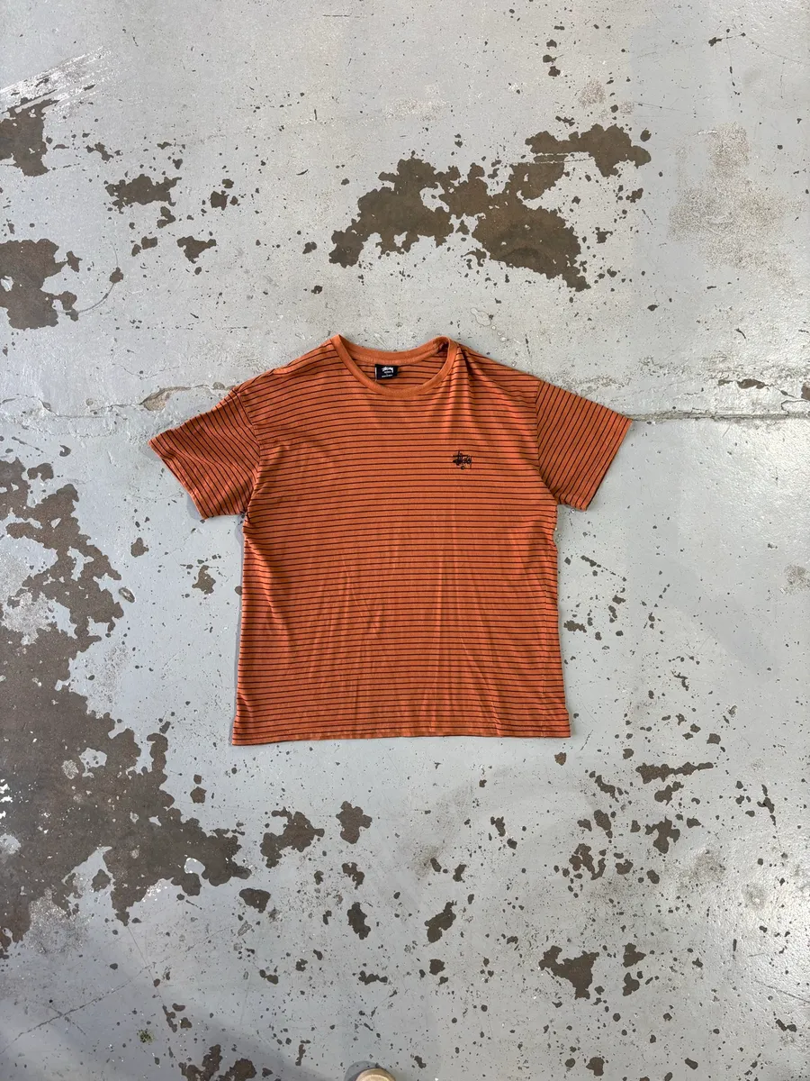 Rust-Orange Striped Stüssy Crewneck T-Shirt - Large