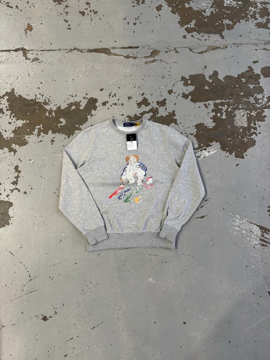 Grey Polo Ralph Lauren Painting Bear Crewneck Sweater - Small