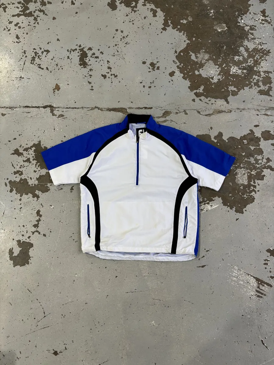 White & Blue FootJoy Short Sleeve Half-Zip Golf Windshirt - Extra Large