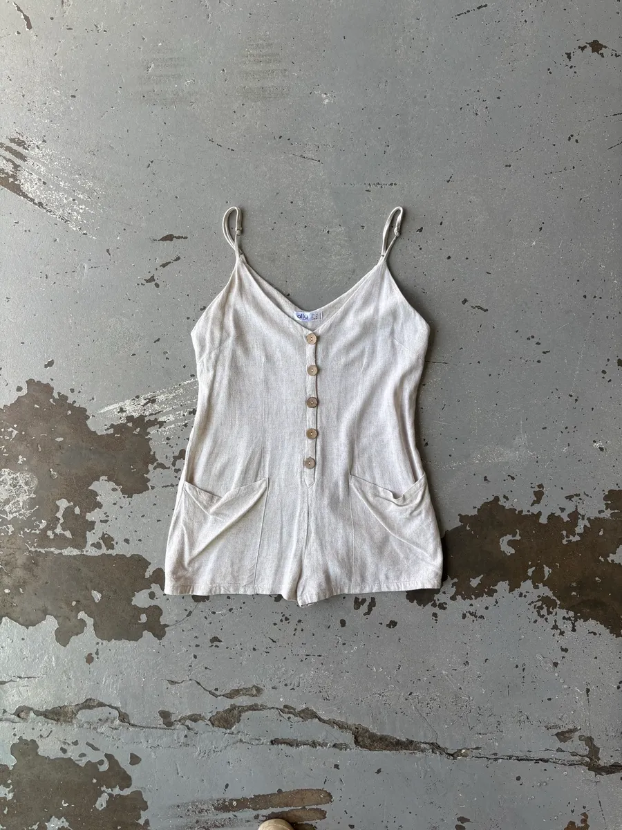 Beige Linen-Blend Button-Front Ally Playsuit - 40