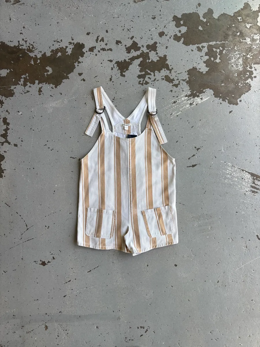 Brown & White Billabong Wild Pursuit Striped Short Overalls Romper - 10