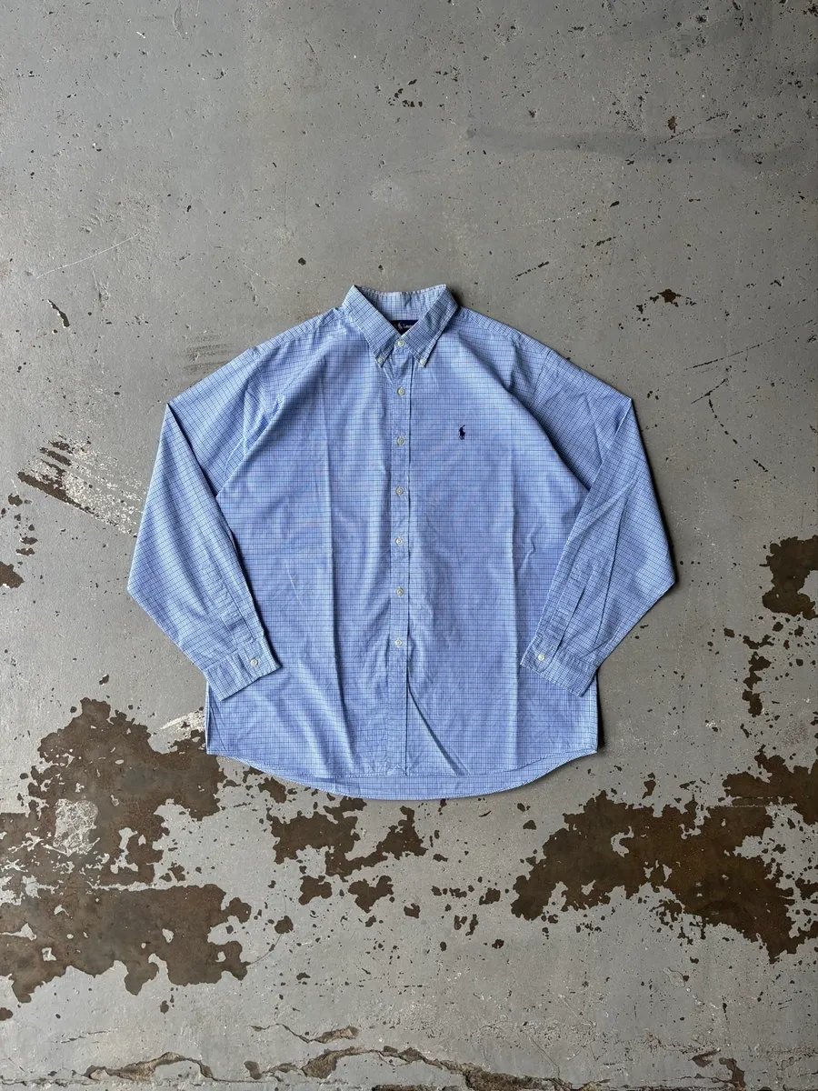 Blue & White Micro-Check Polo Ralph Lauren Long Sleeve Shirt - Extra Large