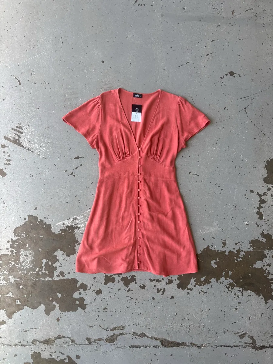 Coral-Coloured V-Neck Button-Front Dotti Summer Dress - 12